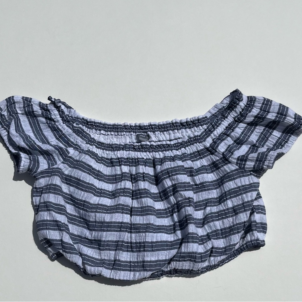 New Aerie Small S Blue White Striped Cotton Gauze Milkmaid Peasant Crop Top